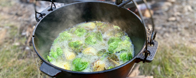 Brussels sprouts boiling in camp oven